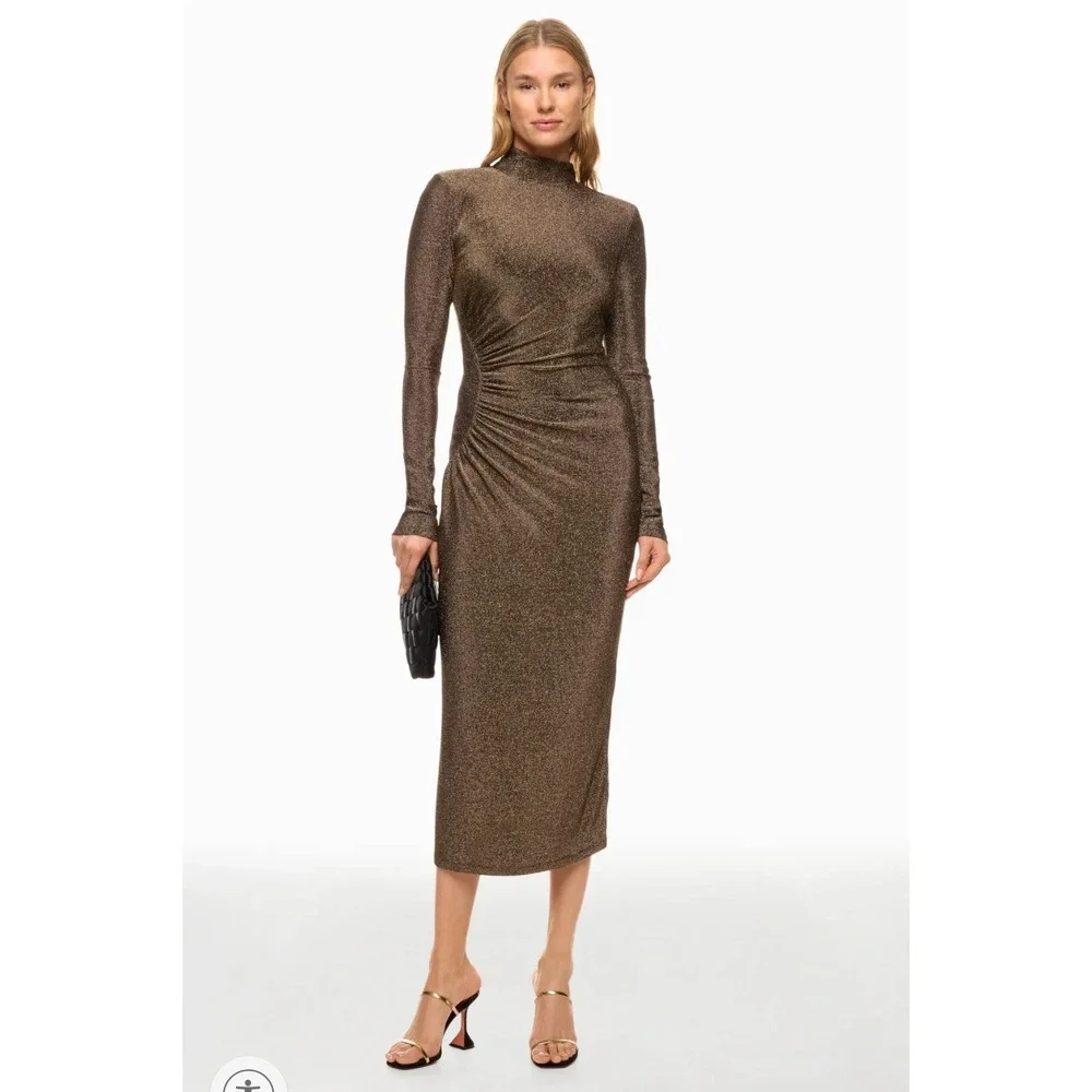 Ramy Brook Amarilys Dress Metallic Gold Shimmer Mock Neck Ruched Midi Sz L - Picture 1 of 15